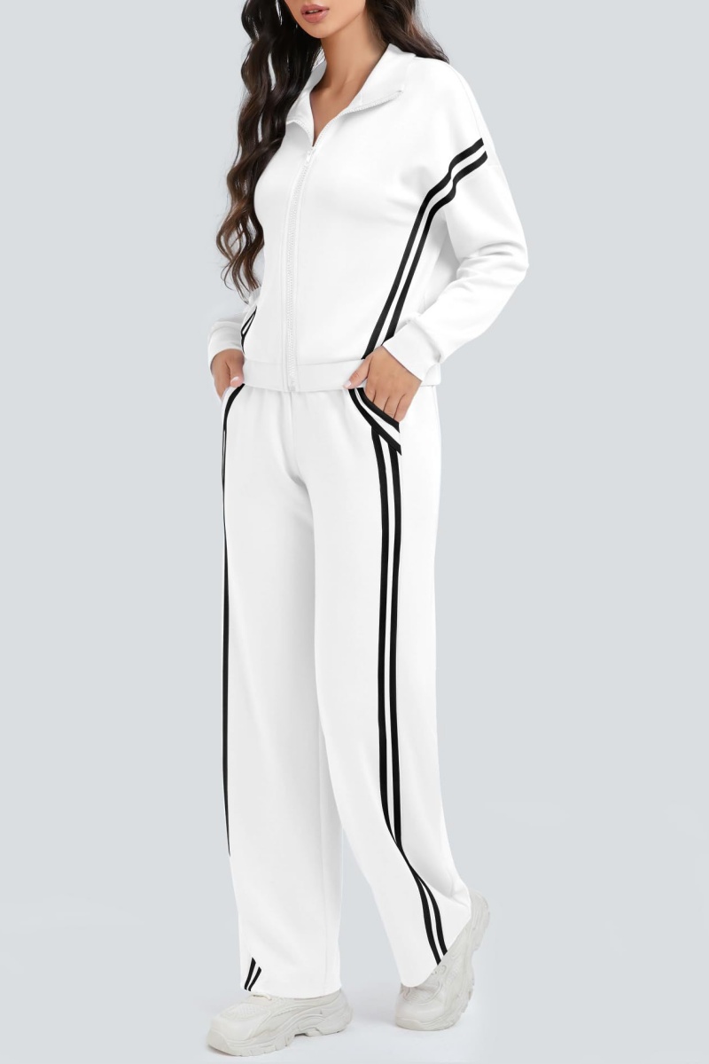 Zippered Tracksuit With Color-blocked Striped Wide-leg Pants
