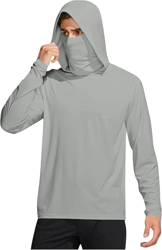 Long Sleeve Sun Shirt Men UPF 50+ Rash Guard Cooling Fishing Hoodies with Mask Casual Summer UV SPF Hiking Blouses