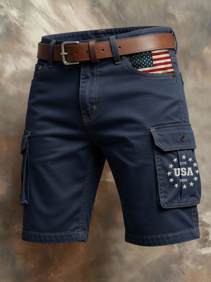Men'S Retro American Flag Printed Multi Pocket Design Cargo Pants