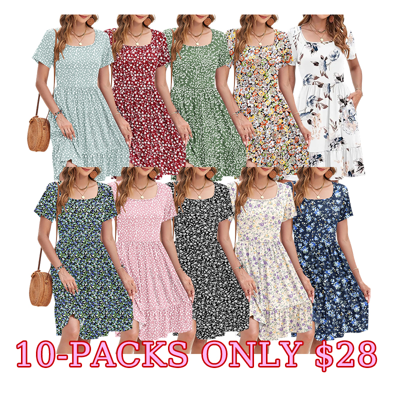 Women’s Square Neck Ruffle Summer Dress with Pockets