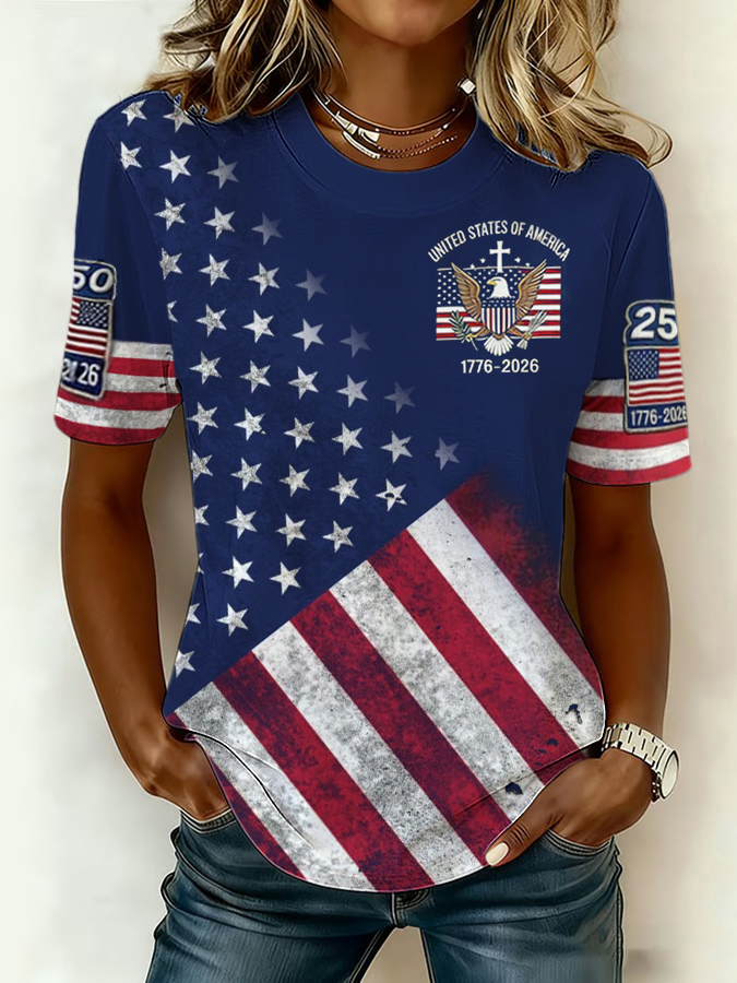 Women'S Retro American Independence Day Commemorative Printed Round Neck T-Shirt