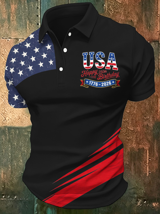 Men'S Retro American Patriots Independence Day 250Th Anniversary Commemorative Lapel Short Sleeved Shirt