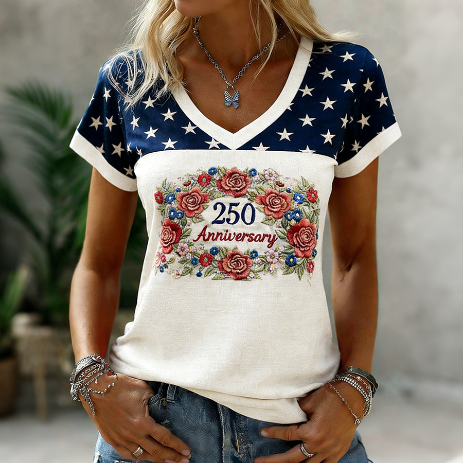 Women's 250 Anniversary Floral Embroidered Star Patch V-Neck T-Shirt
