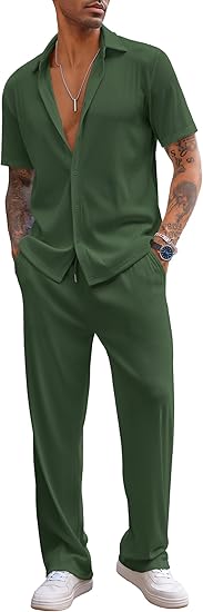 Men's 2 Piece Outfit Casual Short Sleeve Button Down Shirt Beach Summer Loose Pant Sets
