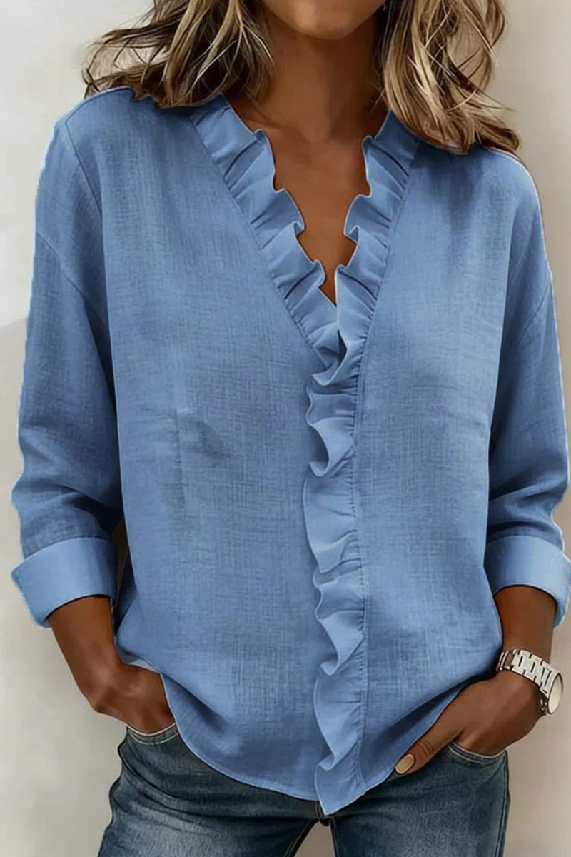 Ruffled V-Neck Long-Sleeved Cotton Shirt