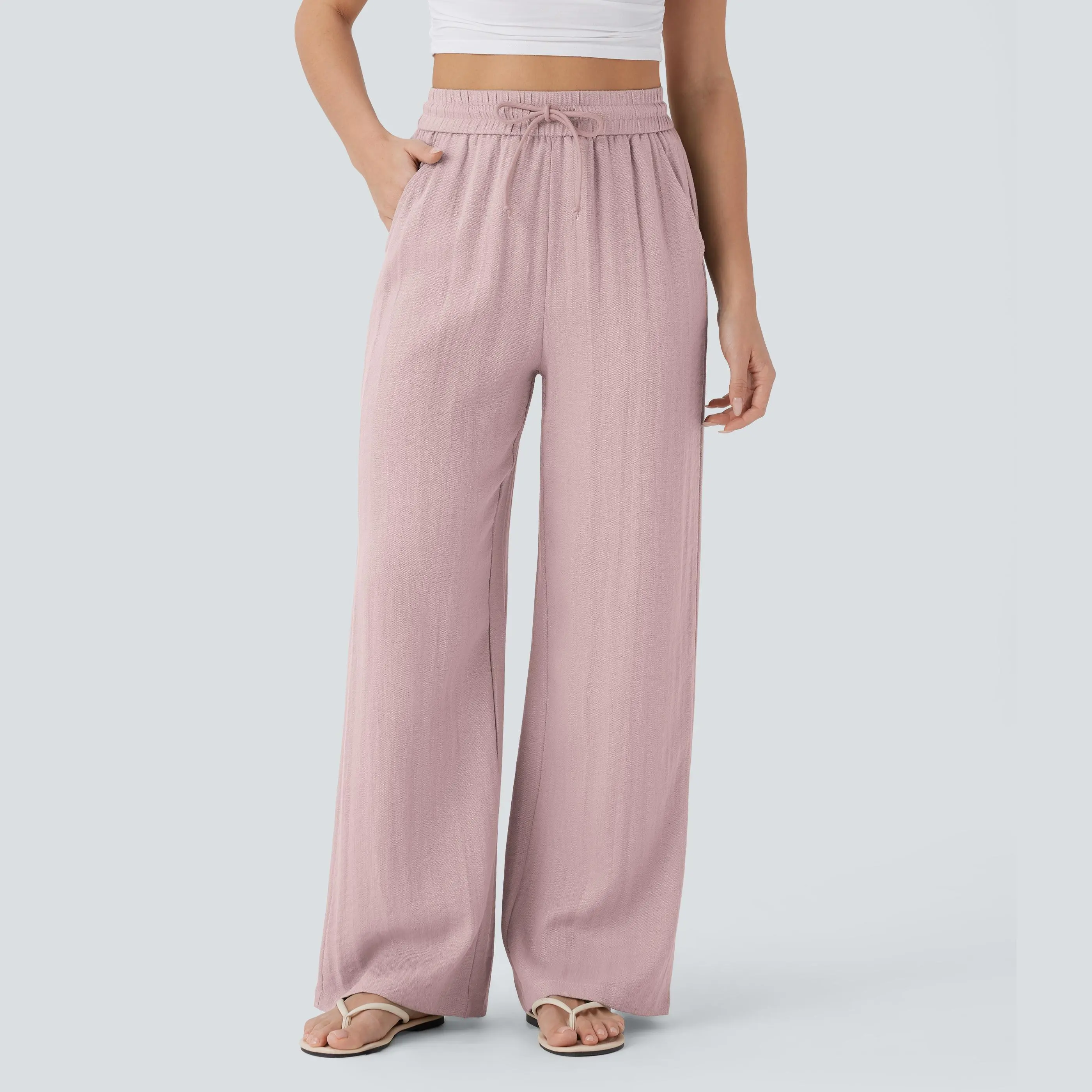 [Creator's Pick] High-Waisted, Drawstring, Pocketed, Wide-Leg Casual Trousers (Faux Linen)