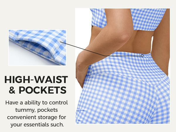 Women's 2-Piece Athleisure Set – Padded Open Back Gingham Crop Tank & High Waisted Seamless Shorts