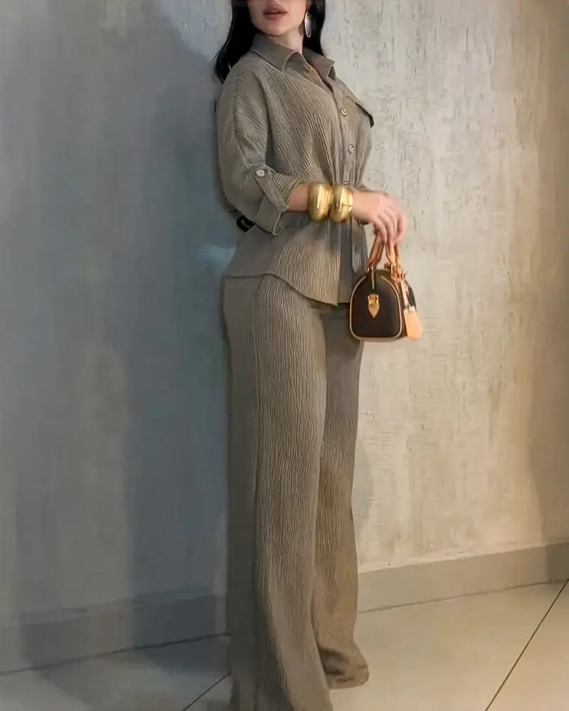 Women's 2 Piece Outfit Vintage Textured Drawstring Waist Turn-down Collar Button Down Top & Elastic Waist Wide Leg Pants Set