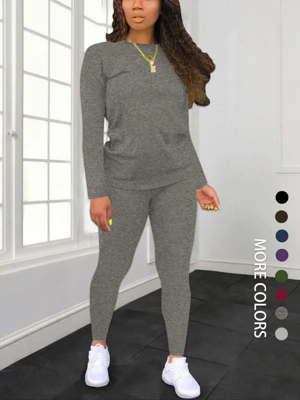 Women's Minimalist Chic Solid Long Sleeve Tee & Elastic Waist Pants Set