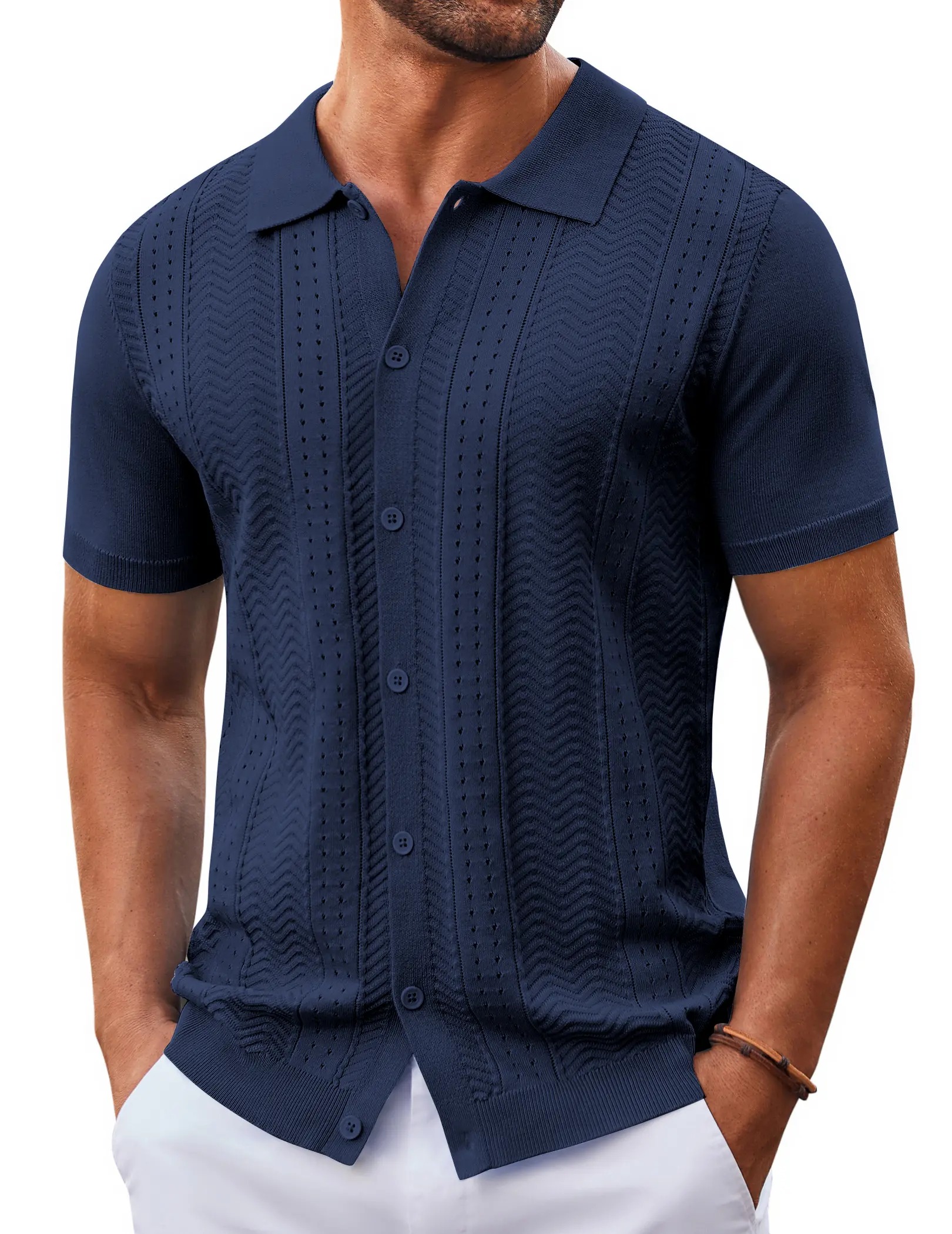 Men's Short Sleeve Knit Button Down Shirt