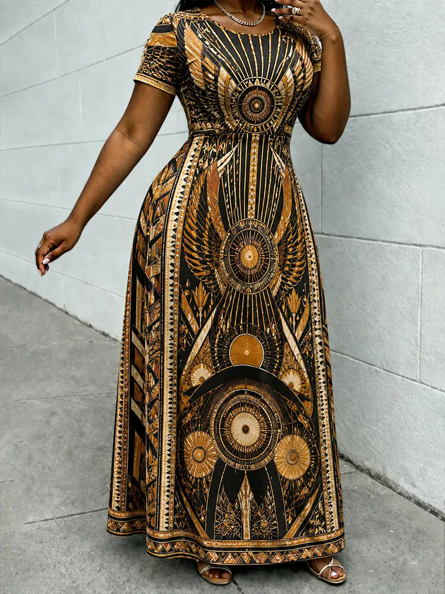 Women's Vintage African Totem Casual Short-Sleeve Dress