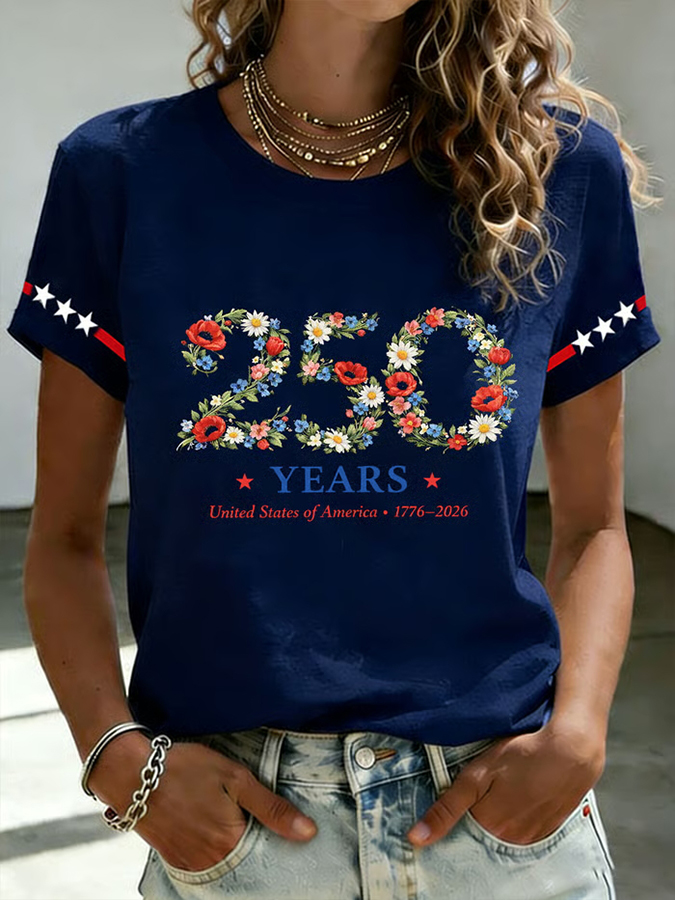 Ladies' Casual US National Day Flag Embroidered Printed Short Sleeved Round Neck T-Shirt