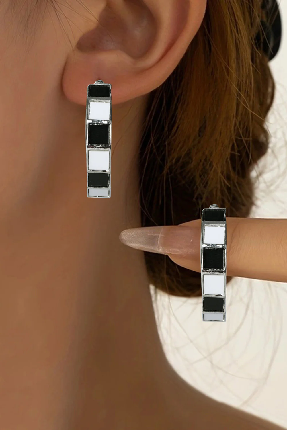 Silvery Checkered Hook Alloy Earrings