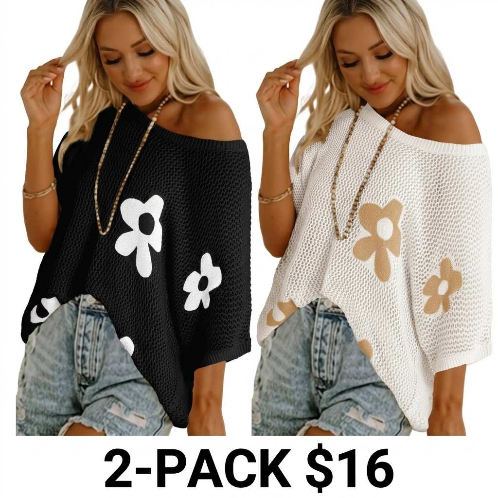 Women's Floral Crochet Sweater – Short Sleeve Lightweight Knit Beach Cover Up
