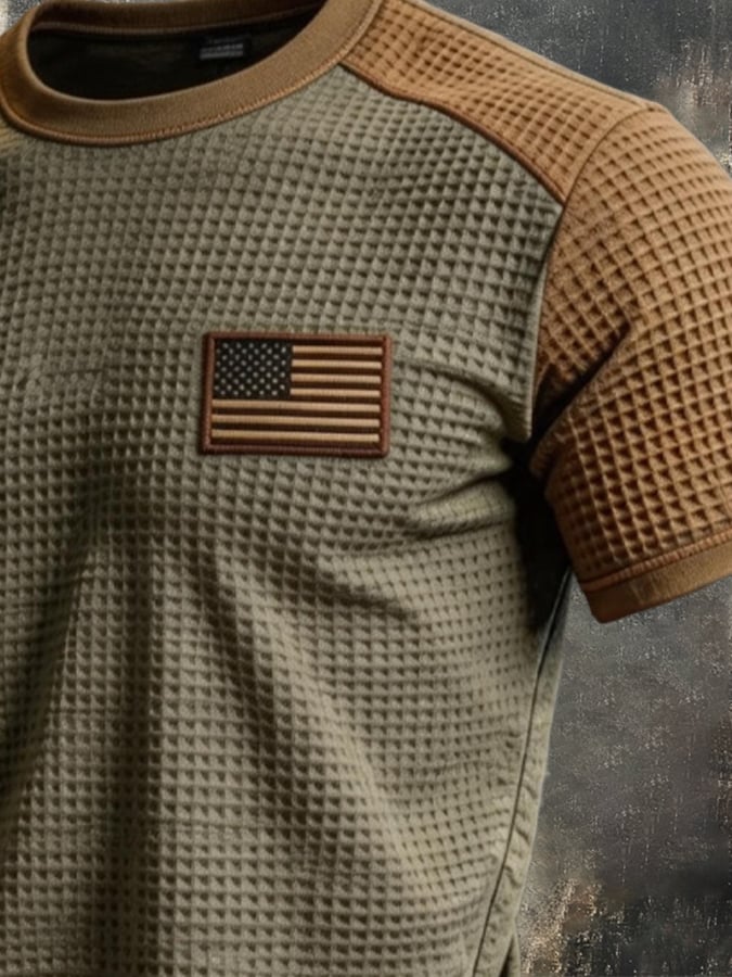 Men's Retro Color-Block Knitted T-Shirt with Textured Finish
