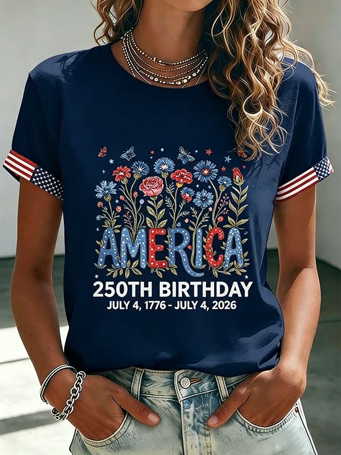 Women's 250 Years Of Freedom Flower Art Print T-shirt