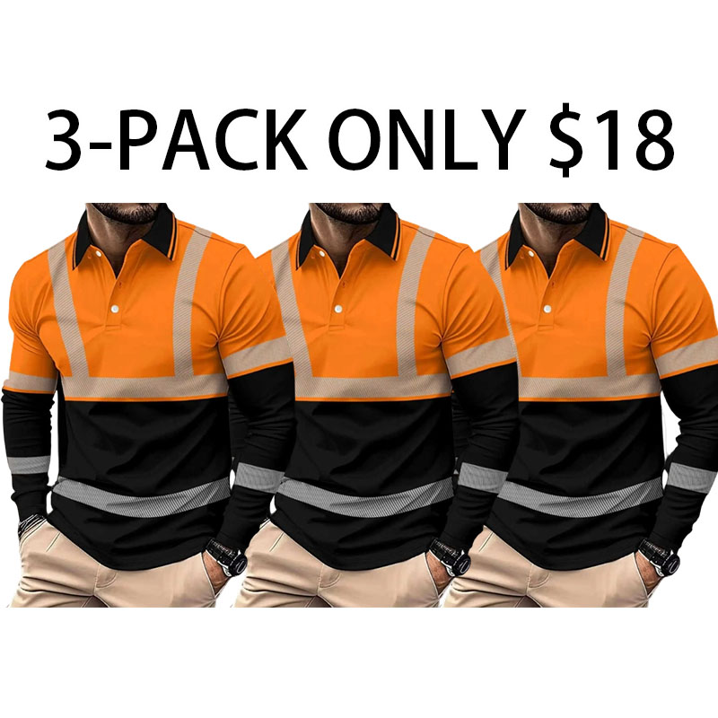 Workwear-style Casual men's long-sleeved premium fitted polo shirt -Full-width reflective stripe design