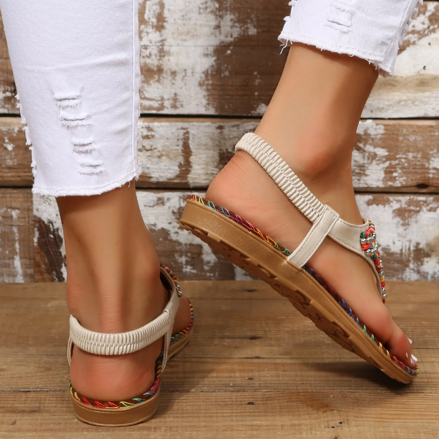 Beaded PU Leather Open Toe Sandals (2 color options)