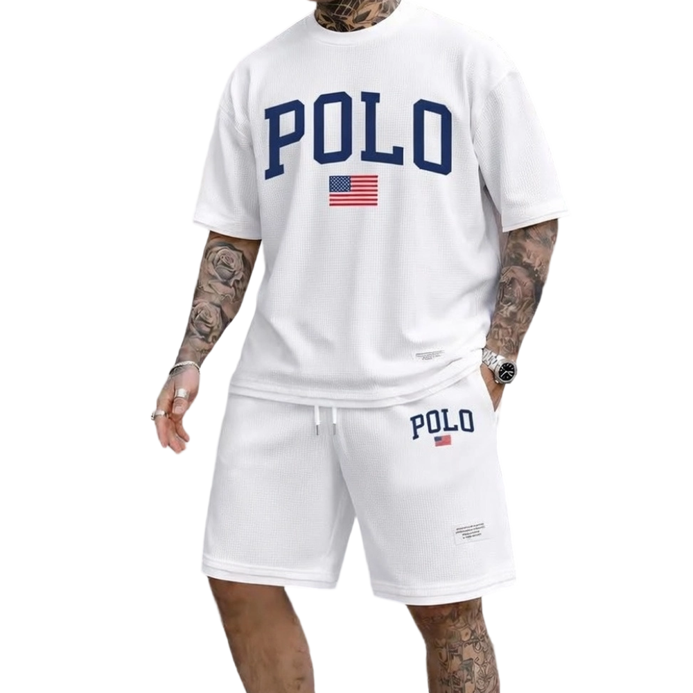 Men's Polo Print Drawstring Shorts Set
