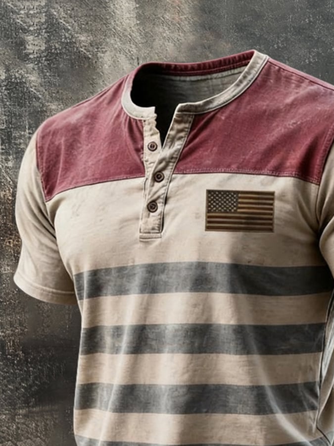 Men's Retro Patriotic Color-Block Short-Sleeve Henley T-Shirt