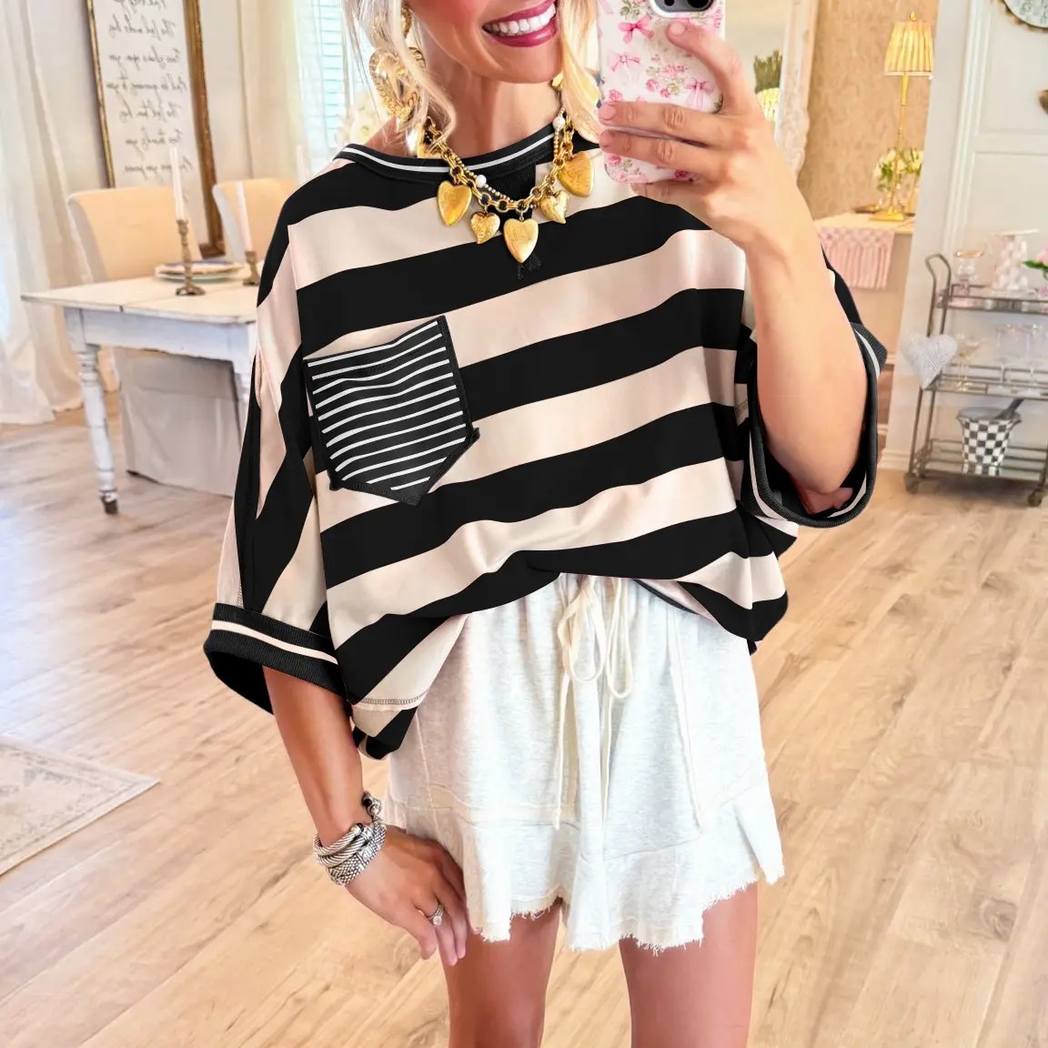 Women's Striped Drop Shoulder Cotton T-Shirt – Loose Fit Half Sleeve Pocket Blouse