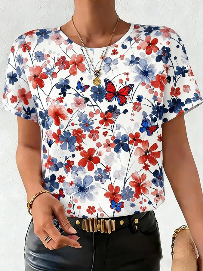 Women'S Casual Floral 250Th Anniversary Celebration Printed Round Neck T-Shirt In The United States