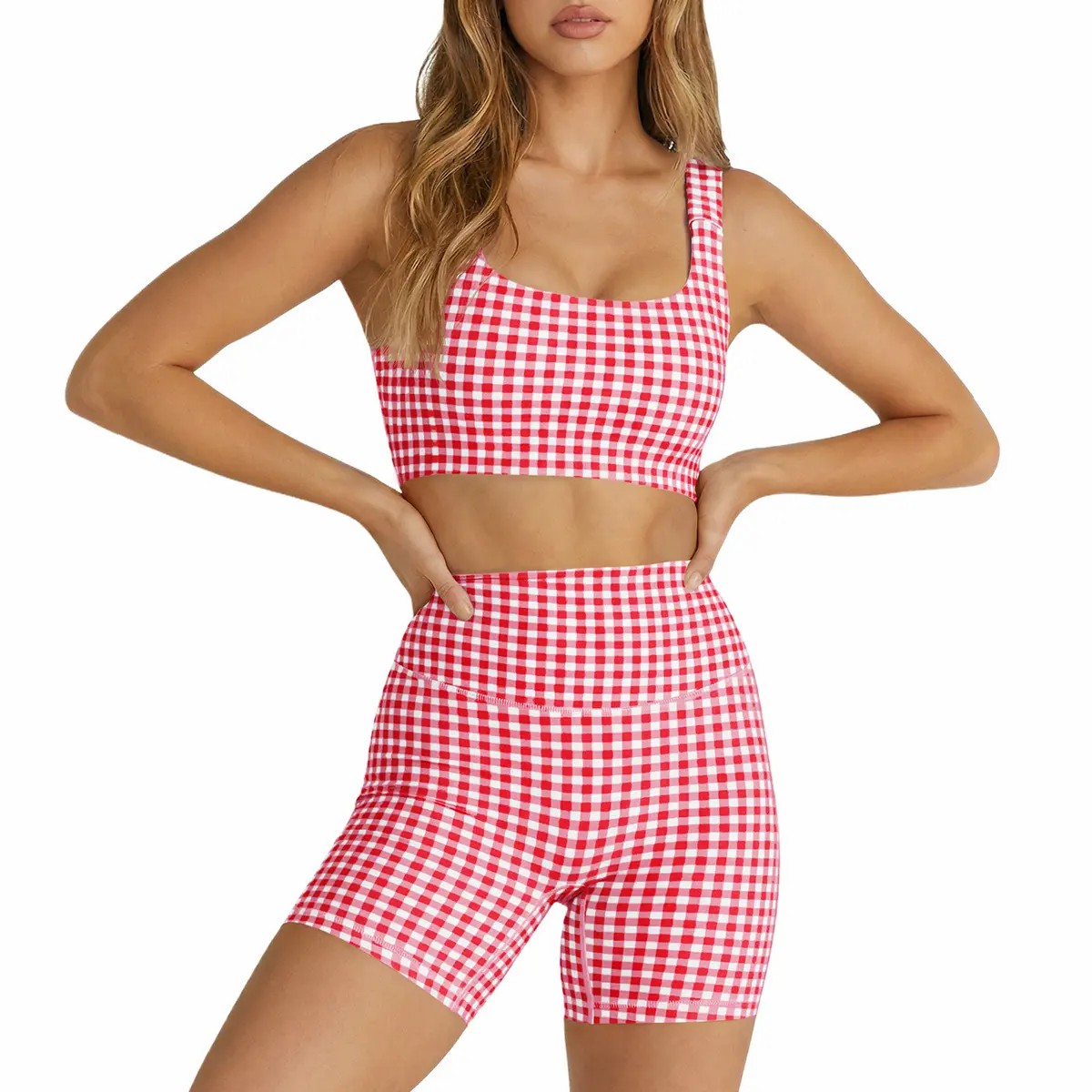 Women's 2-Piece Athleisure Set – Padded Open Back Gingham Crop Tank & High Waisted Seamless Shorts