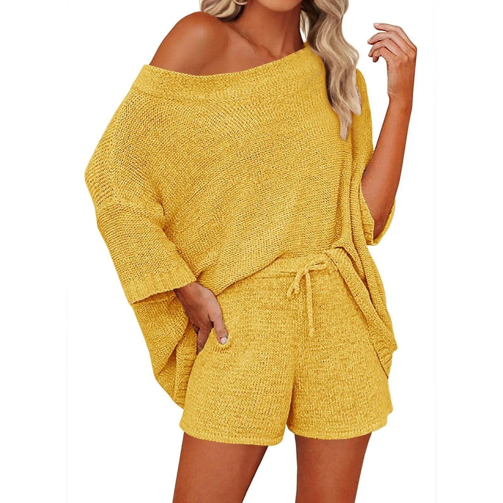 🔥LAST DAY SALE 90% OFF💕Cozy Vibes Off-Shoulder Knit Top & Shorts Lounge Set