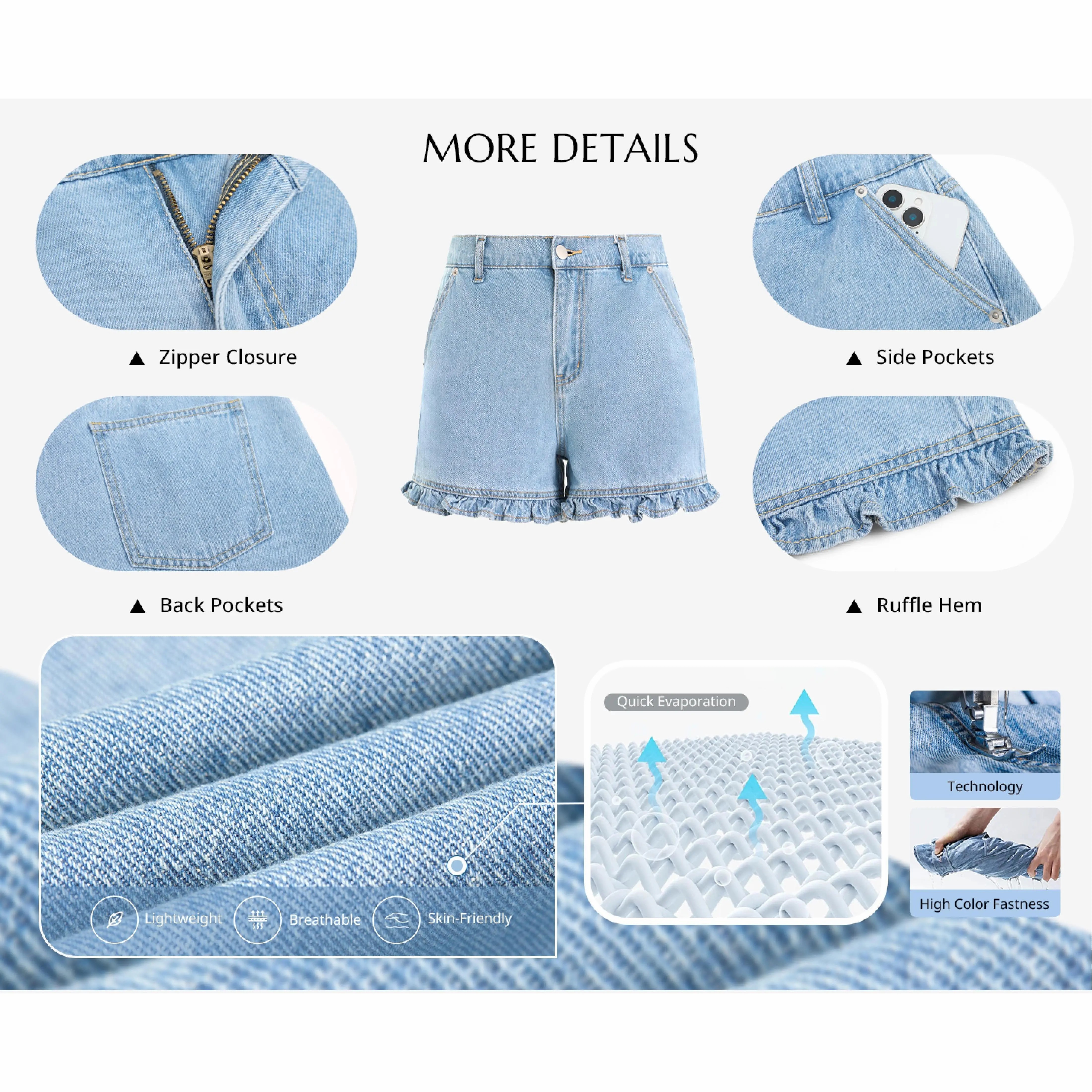 Women's High Waisted Ruffle Denim Shorts – Cute Cotton Summer Jeans with Pockets