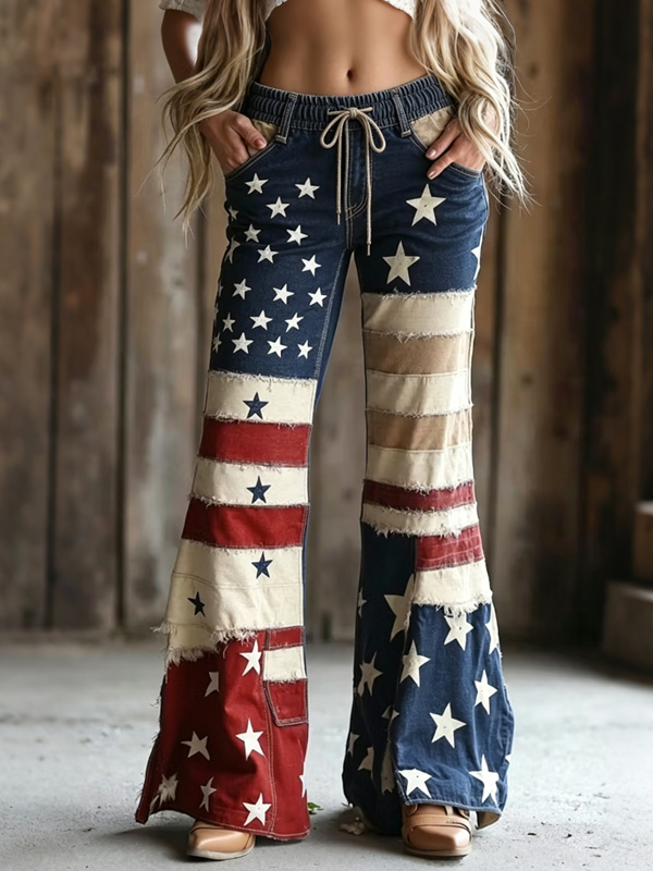 Women's Retro Stars and Stripes Print Casual Wide Leg Pants