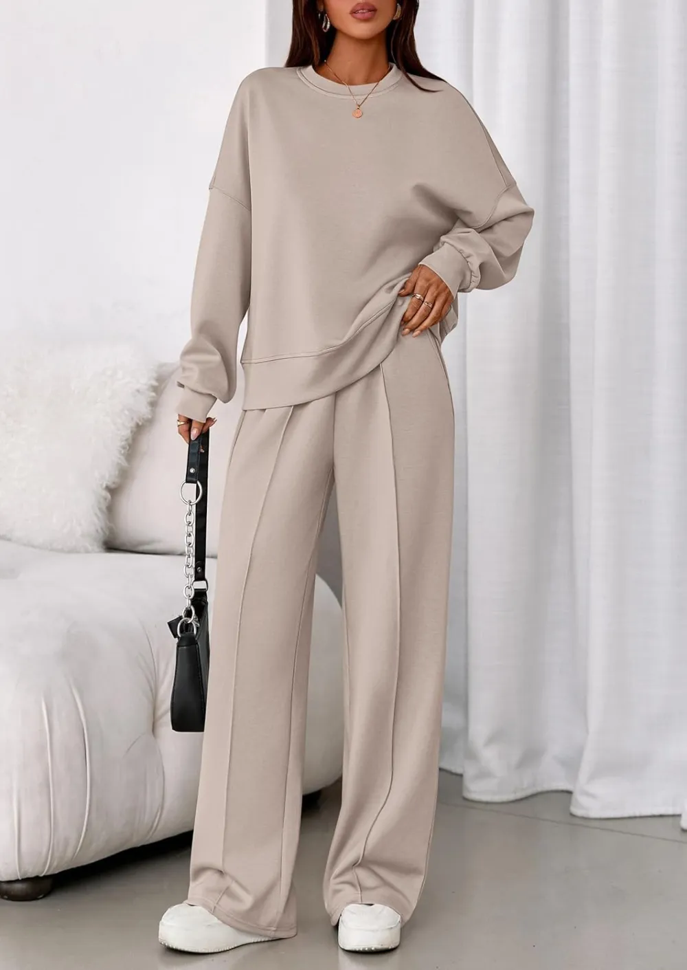 2 Piece Sets For Women Fall Trendy Long Sleeve Sweatshirt Wide Leg Pants Loungewear