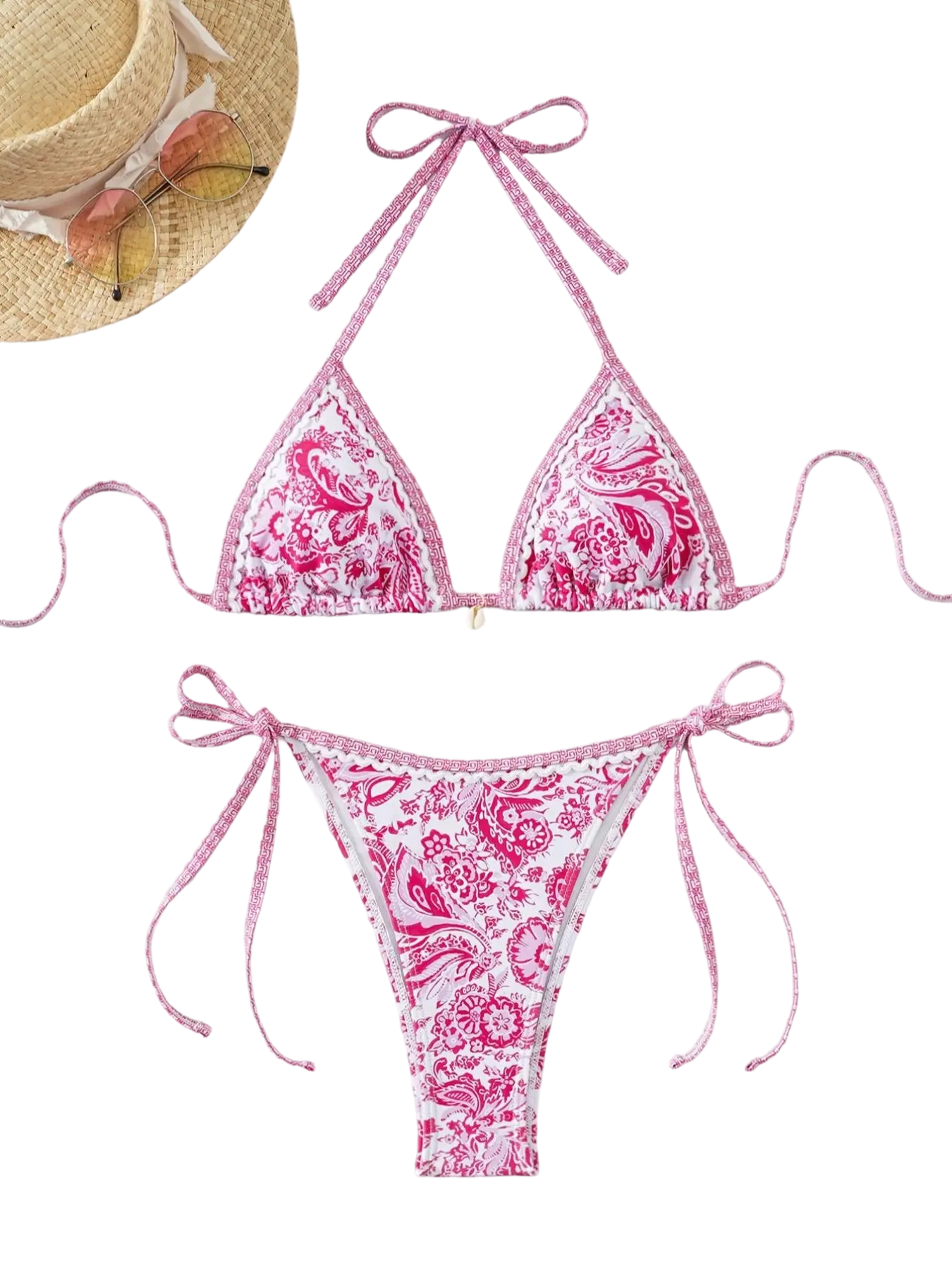 Women's All Over Print Bikini Set, Chic Halter Neck Swim Bra & Tie Side Swim Thong