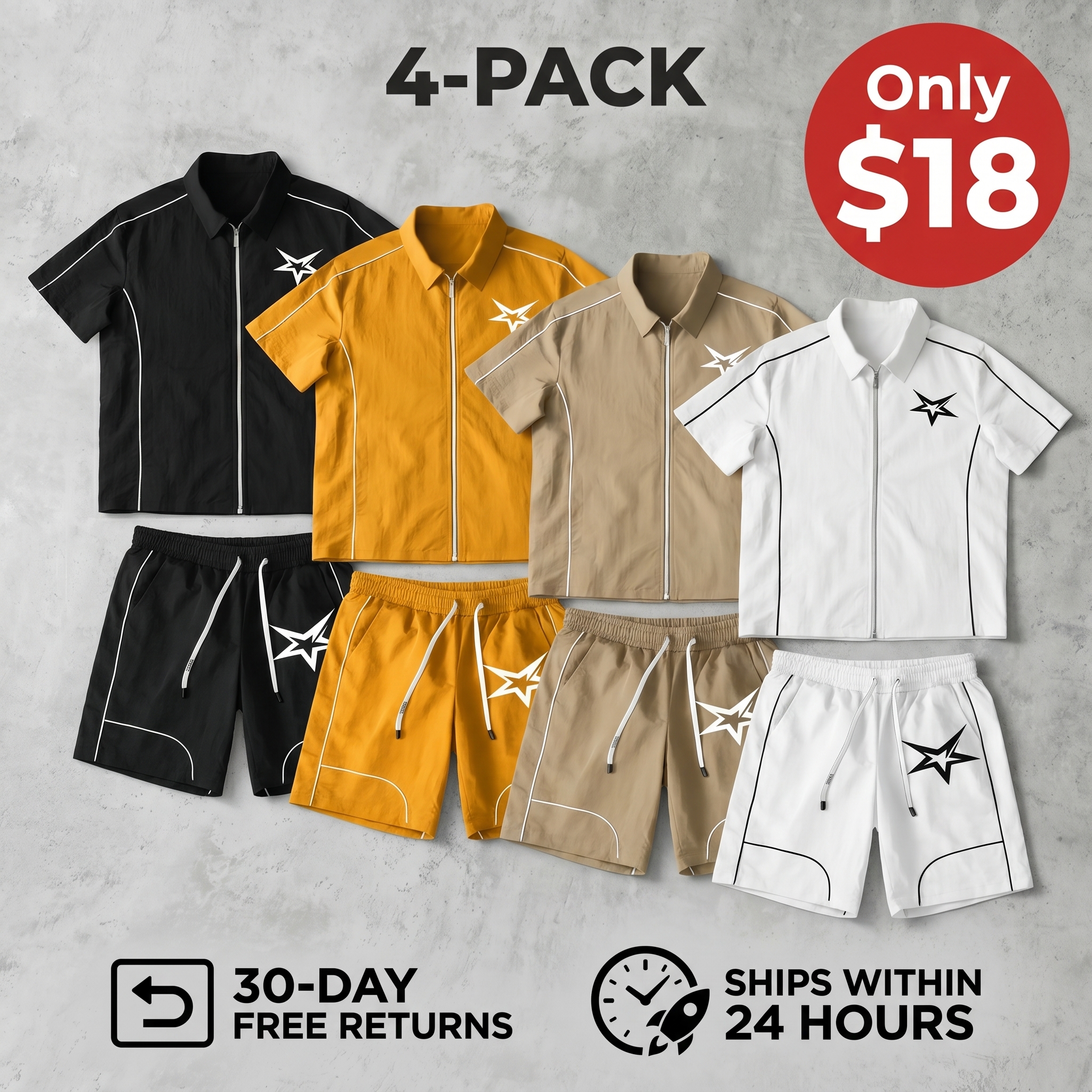 Star-Patterned Casual Set: Short-Sleeve Zip Shirt + Gym Shorts (2-Piece Set)