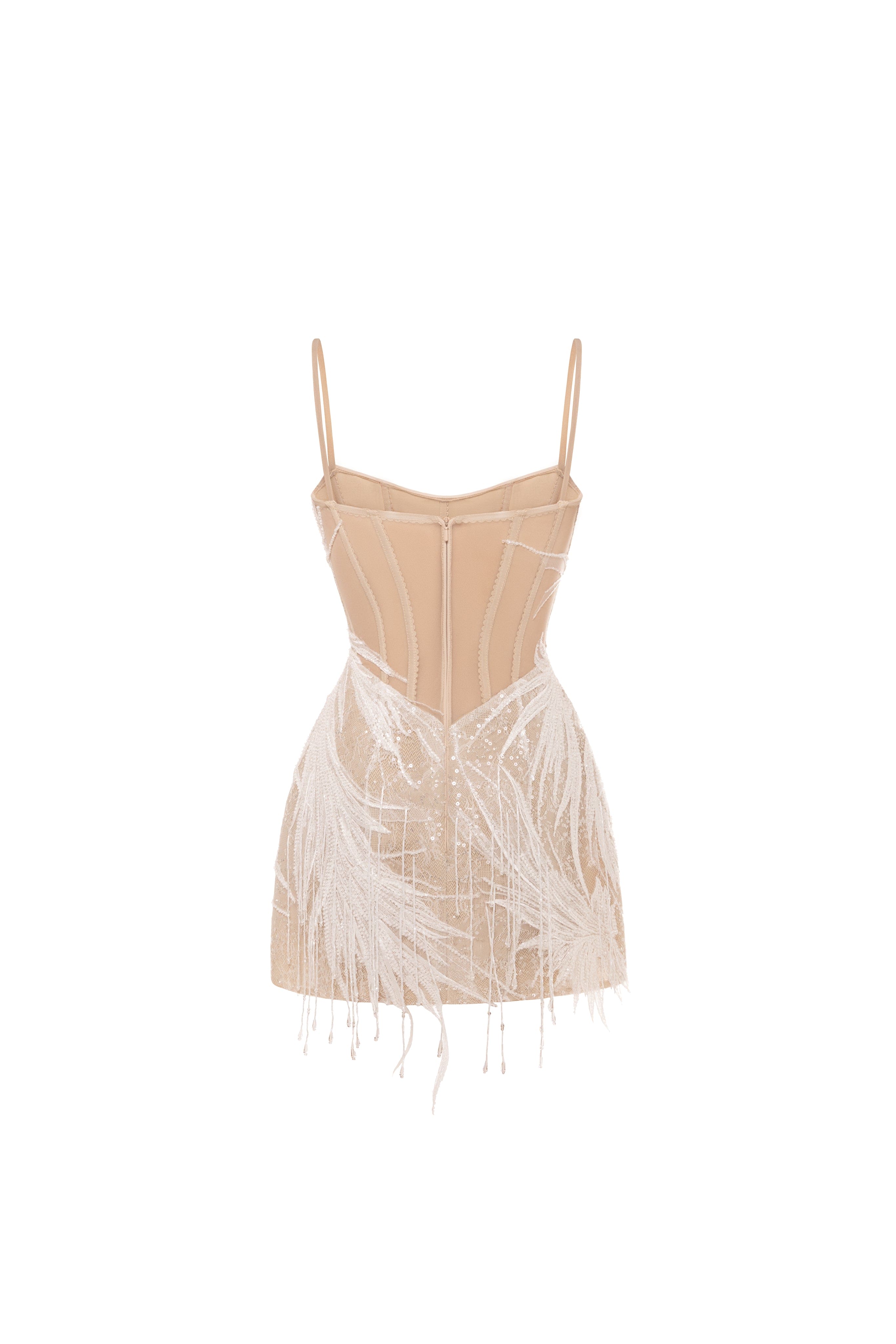 Beige lace corset mini dress embellished with sequins and fringes