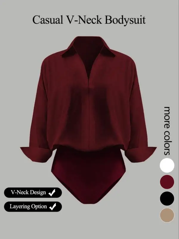 Women's casual loose-fitting V-neck long-sleeved shirt jumpsuit, made from elegant woven fabric