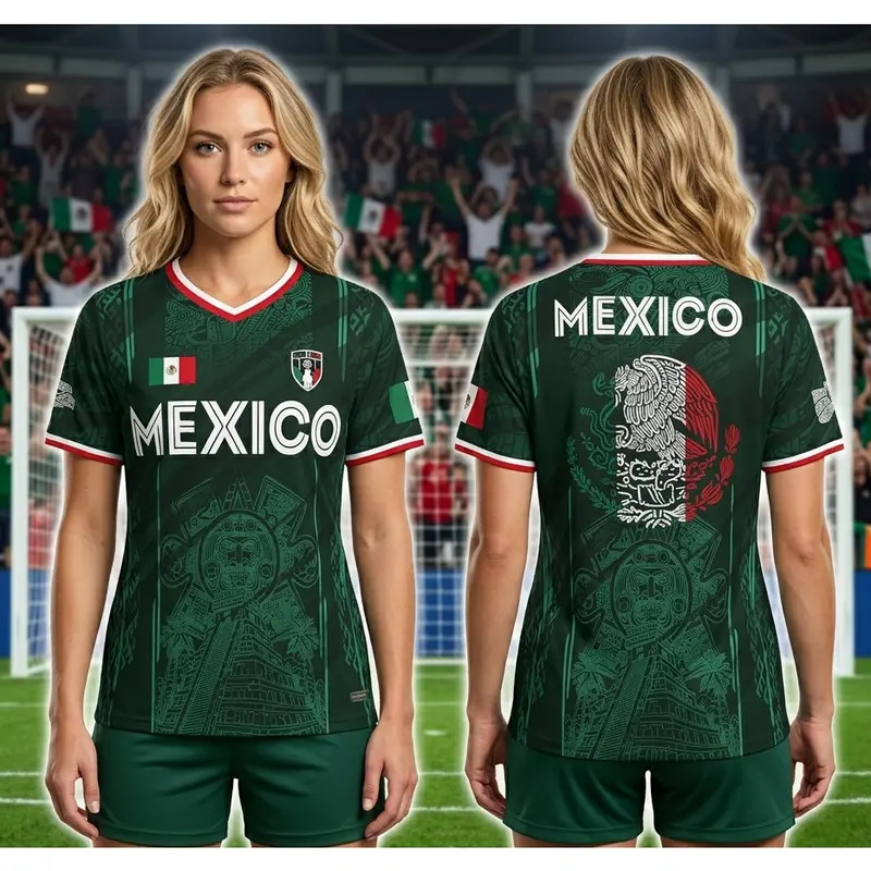 2026 Mexico soccer jersey—a retro-style shirt featuring a pattern of the Chichén Itzá pyramid
