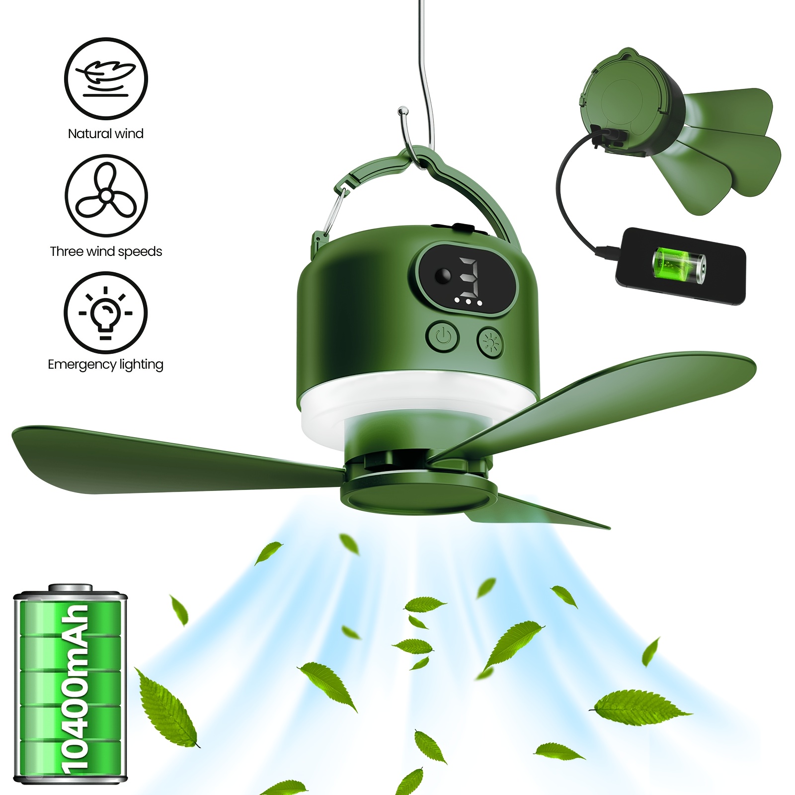 Portable Camping Ceiling Fan Camping Fan 10400mAh, USB Rechargeable Tent Fan, with Remote Control, LED Lights, Detachable Fan Blades