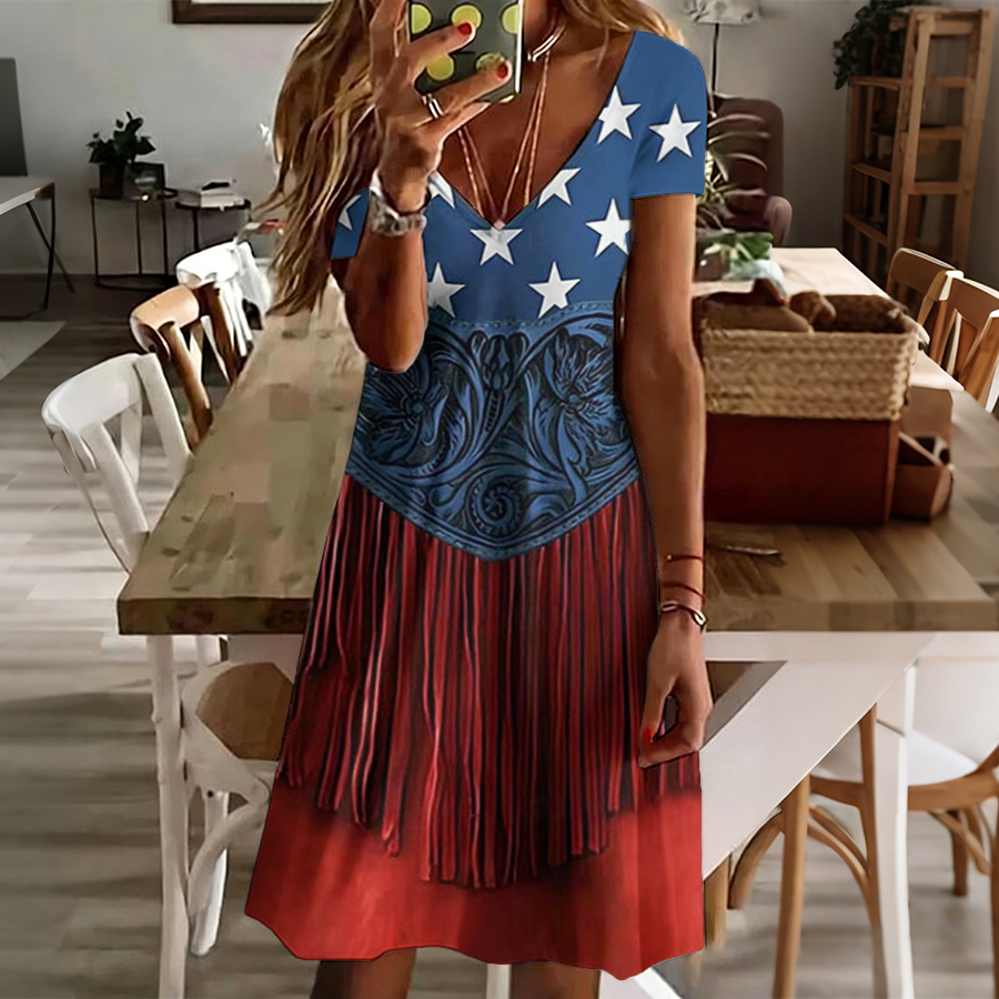 Women'S Daily Casual V-Neck American Flag Independence Day Celebration Printed Dress