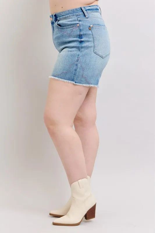 High Waist Western Embroidery Detail Cut Off Denim Shorts