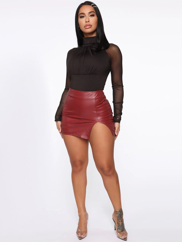 Beauty high waist bag hip skirt PU leather zipper sexy black leather skirt