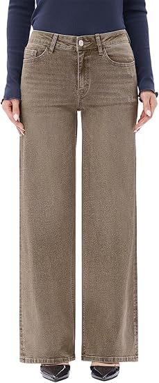 Mid-Low Rise Baggy Jeans Wide Leg for Women Distressed Pants Stretchy Bottom Lady Basic Comfortable Denim