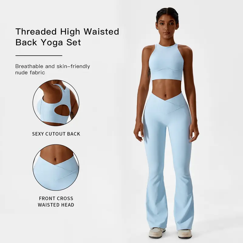 High-waisted seamless sweatpants paired with a padded elastic bra two-piece set