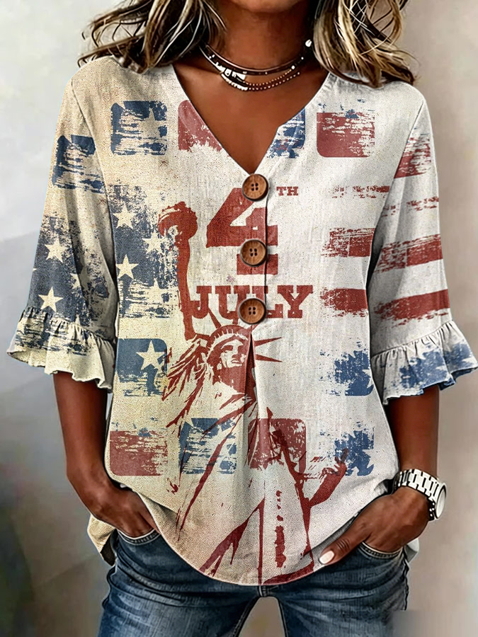Women'S Retro Cotton And Hemp Patriotic Independence Day Printed Art Casual Top