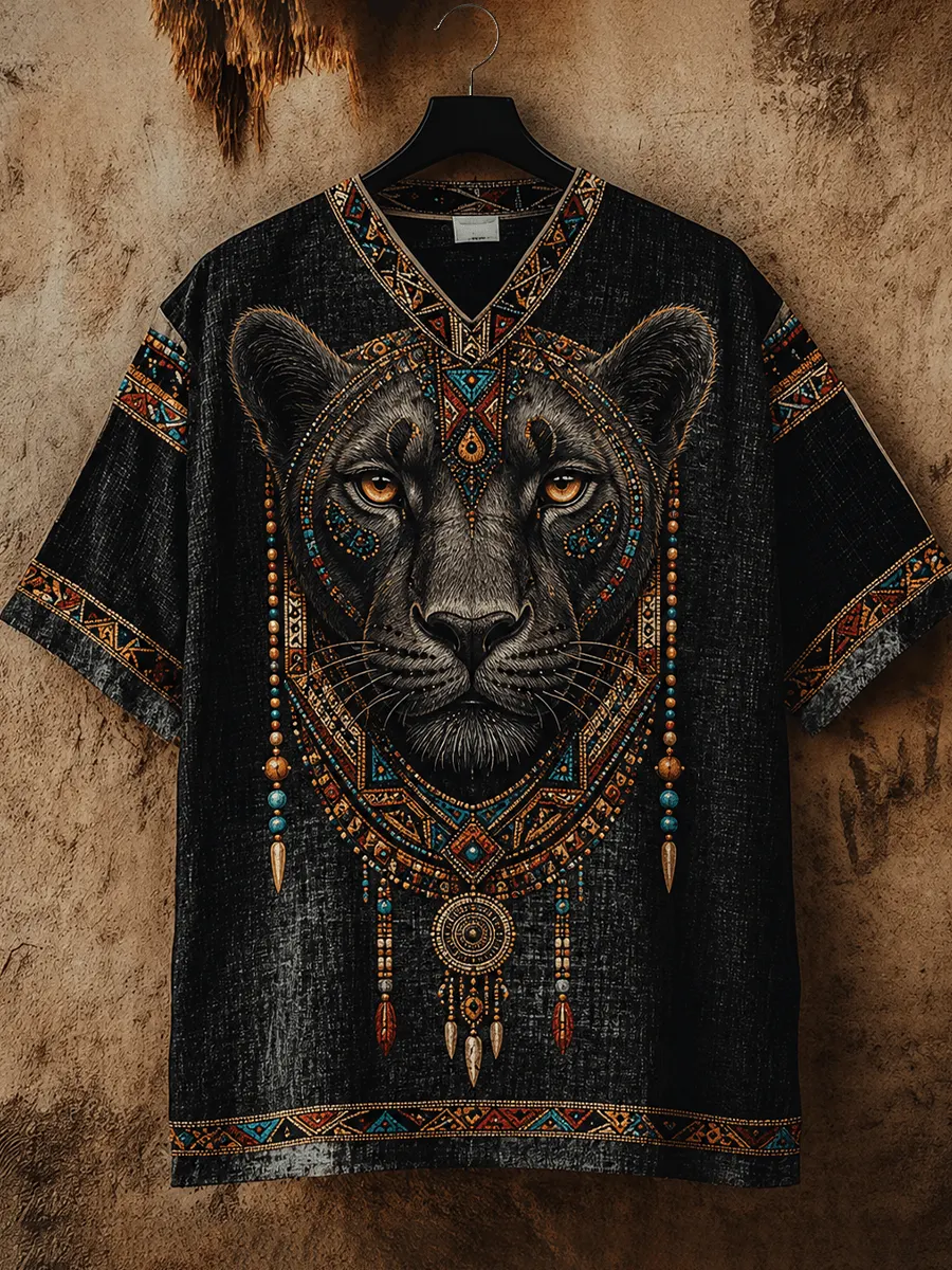 Men's African Black Panther Cotton-Linen V-Neck T-Shirt
