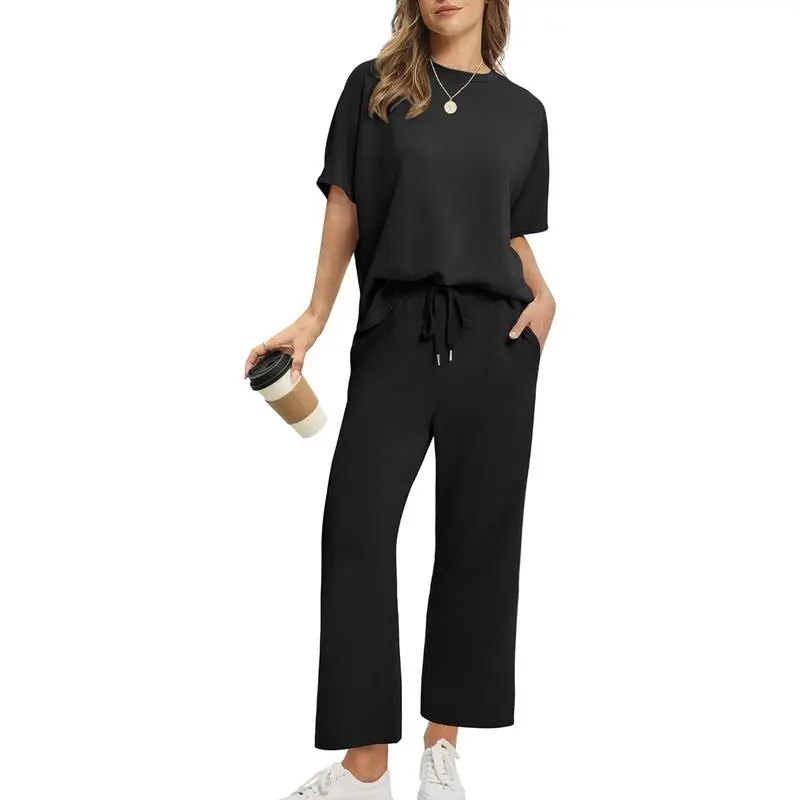 Two Piece Sets for Women Summer Outfits Oversized Wide Leg Crop Pants Lounge Sets