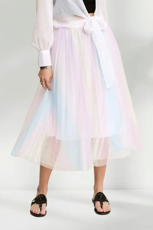 Pleated Mesh Flare Midi Skirt