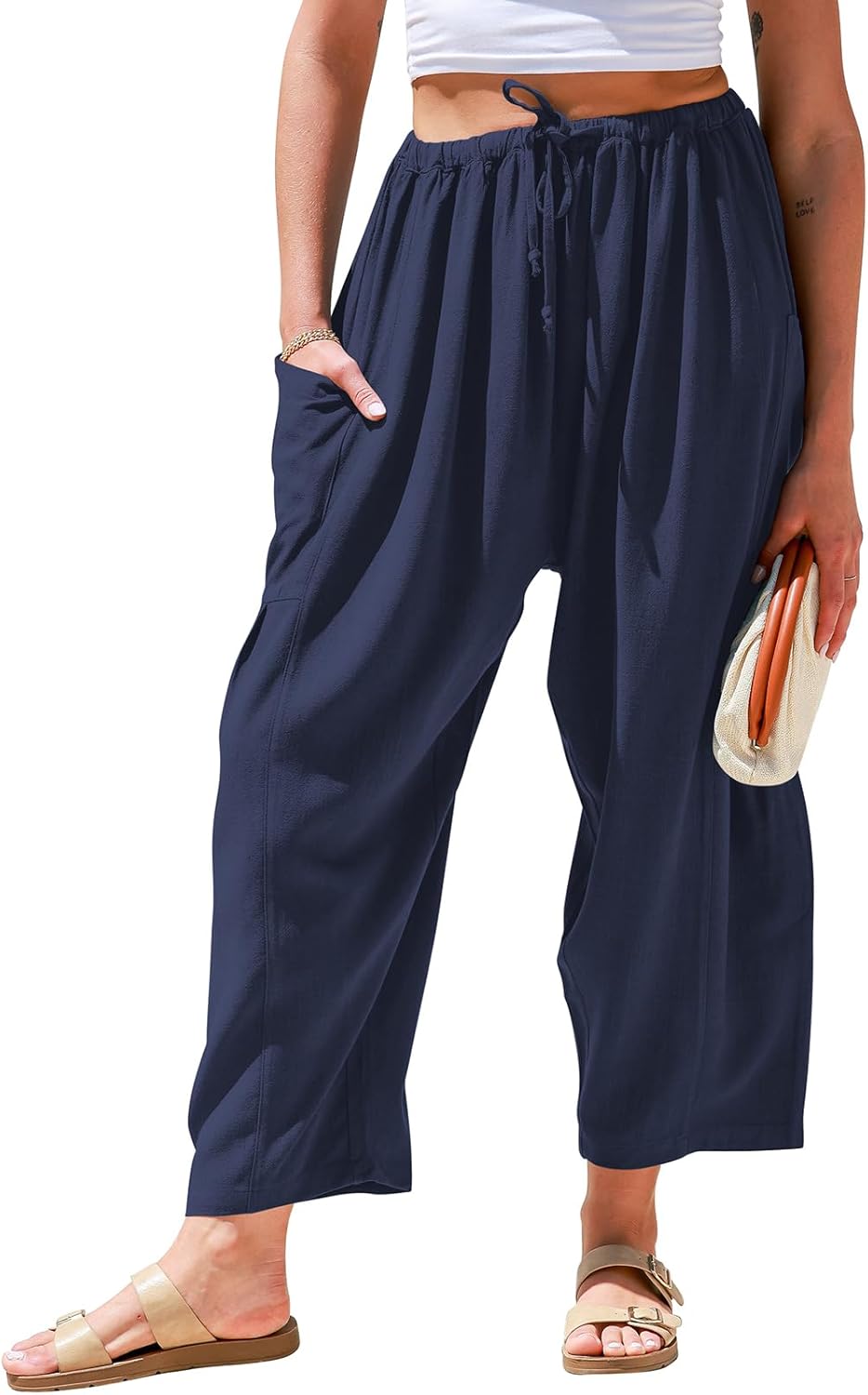 Womens Linen Wide Leg Pants Casual Loose Drawstring Summer Beach Travel Vacation Palazzo Harem Pants with Pockets