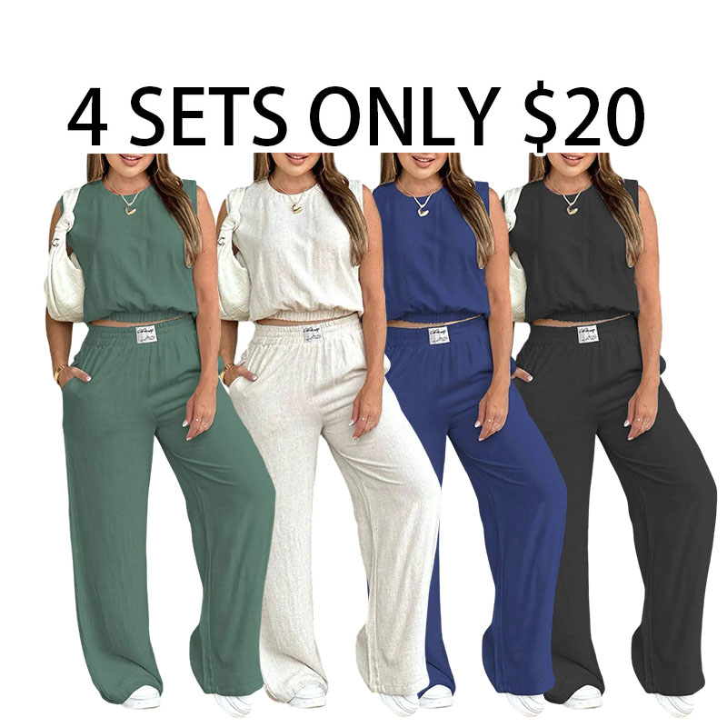 Women's 2-Piece Solid Color Tank Top & Wide Leg Pants Set – Casual Breathable Outfit for Summer
