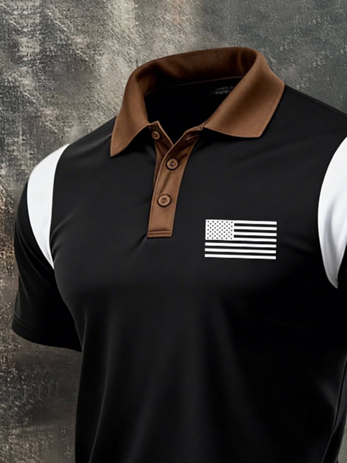 Men's Retro Patriot Color Block Polo Collar Short Sleeve