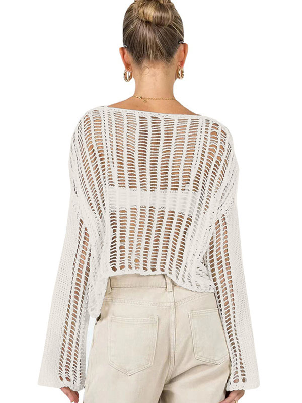 Hollow See-Through Solid Color Sun protection Long Sleeves Loose Round-neck Pullovers Knitwear Cover-Ups Tops